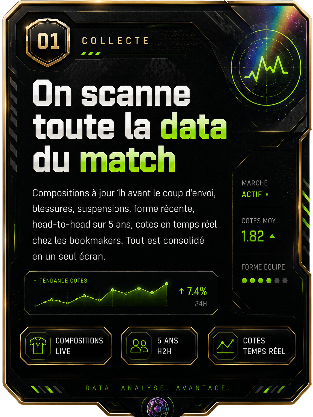 Étape 01 — Collecte : on scanne toute la data du match (compositions, blessures, head-to-head, cotes en temps réel)